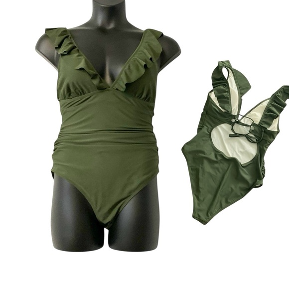 Cupshe Olive Green One Piece Swim Bathing Suit SZ XL Women Ruffle Padded Beach - Picture 1 of 8